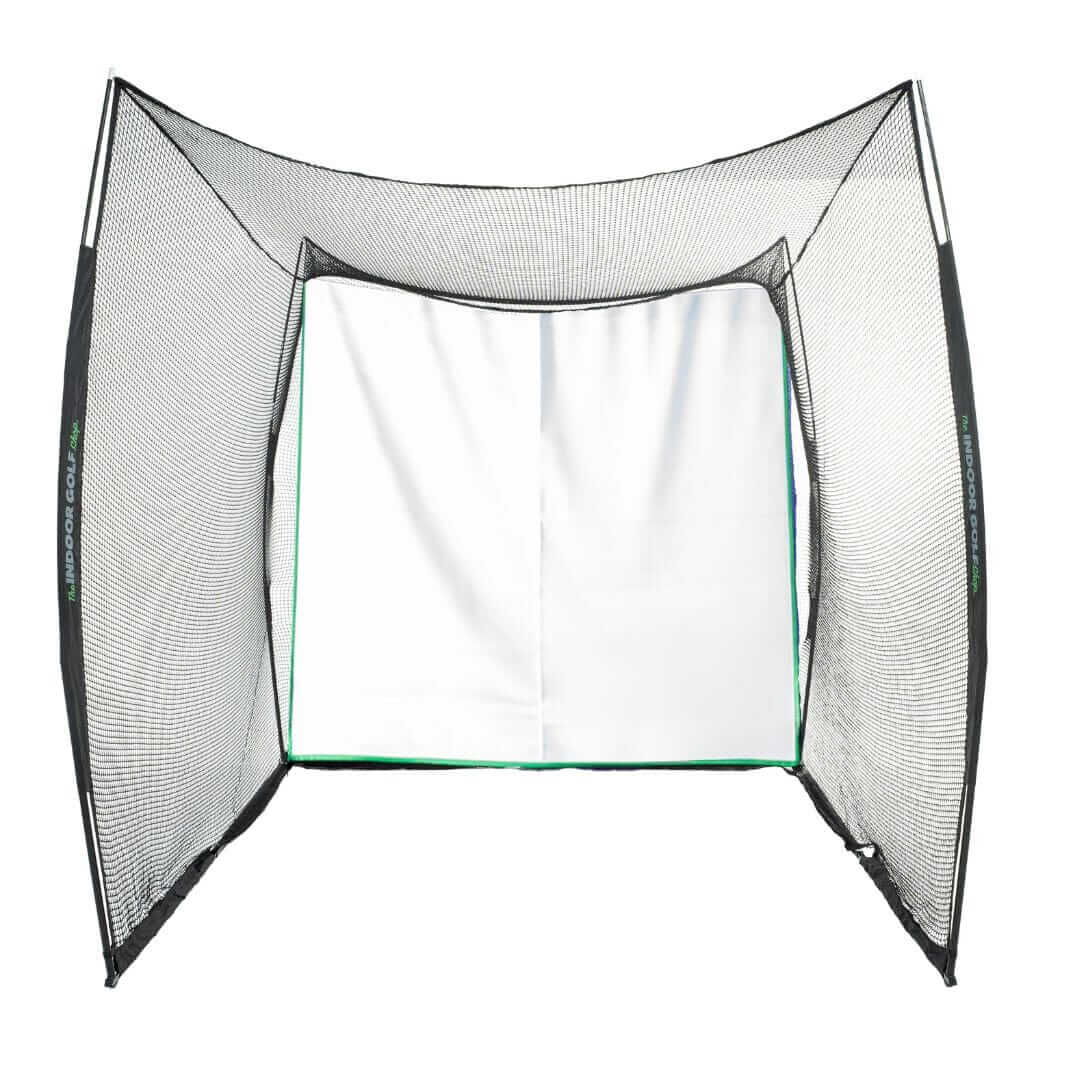 10' x 10' x 10' Square Golf Net for indoor practice and swing training.