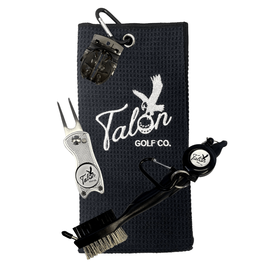 Golf Bag Accessory Pack featuring black waffle golf towel, divot tool, ball marker, and retractable cleaning brush.