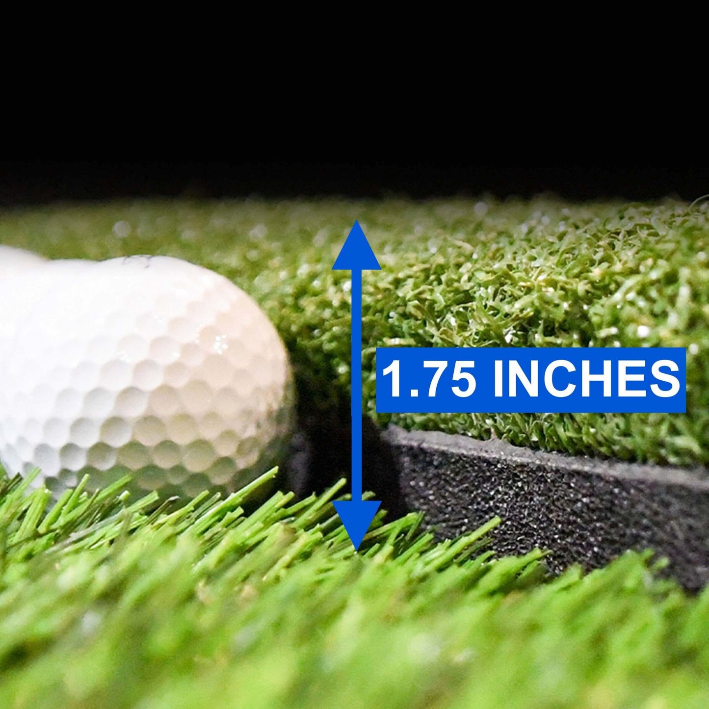 Carl's Place HotShot Golf Hitting Mat detail showing height of 1.75 inches with a golf ball on realistic turf surface.