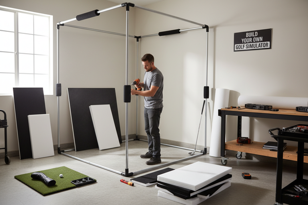 Person assembling a golf simulator frame in a workshop, with components for Build Your Own Golf Simulator.