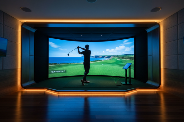 Image of a golfer using a simulator in an elegant setting, showcasing New Arrivals - Latest Golf Simulator Equipment.