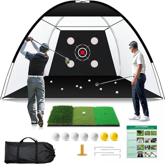 10x7FT Golf Practice Net with Mat & Target – Backyard Driving & Chipping Aid used by golfers for training.