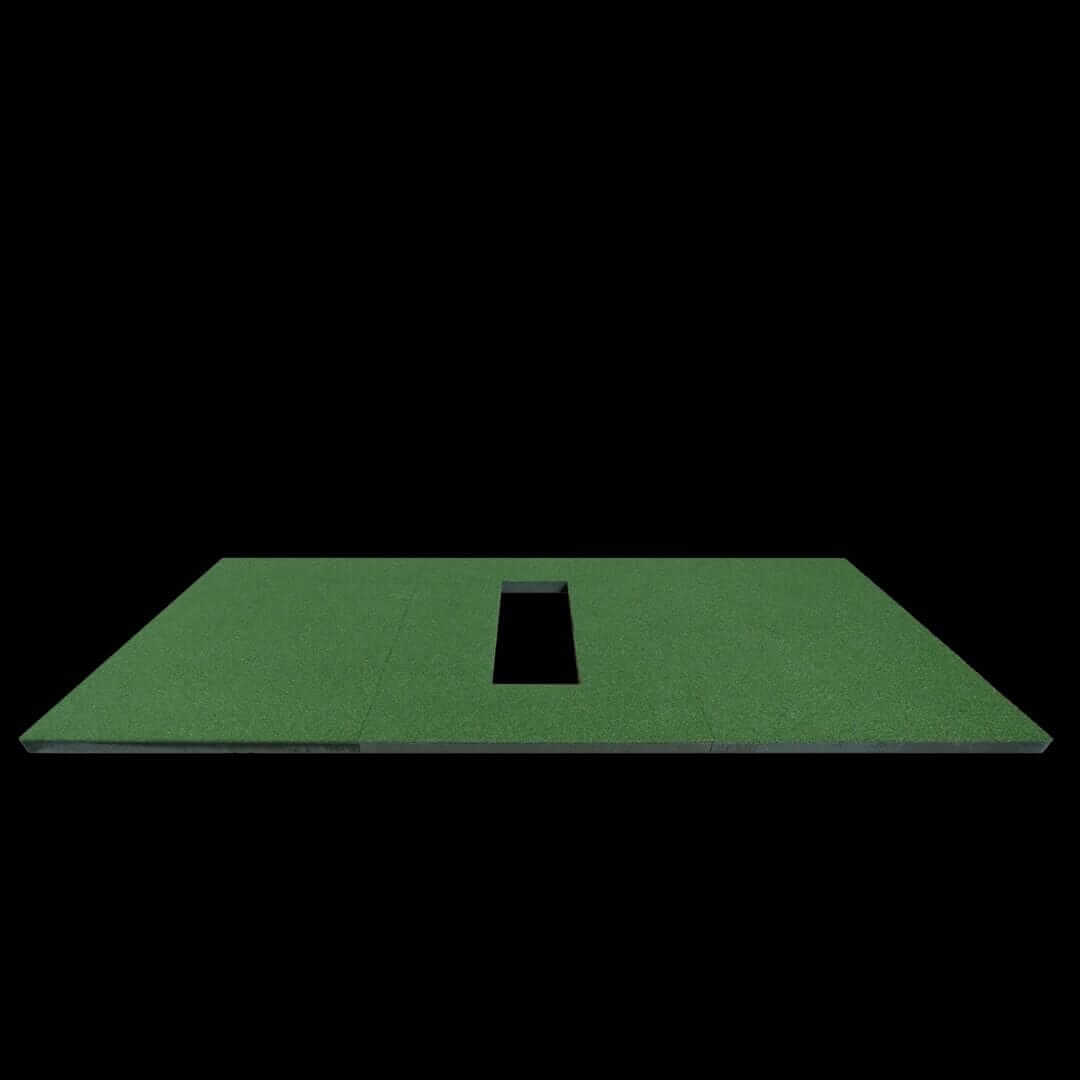 SIGPRO Softy 4' x 10' Golf Mat viewed from above on a black background, showcasing the green turf and central hole.