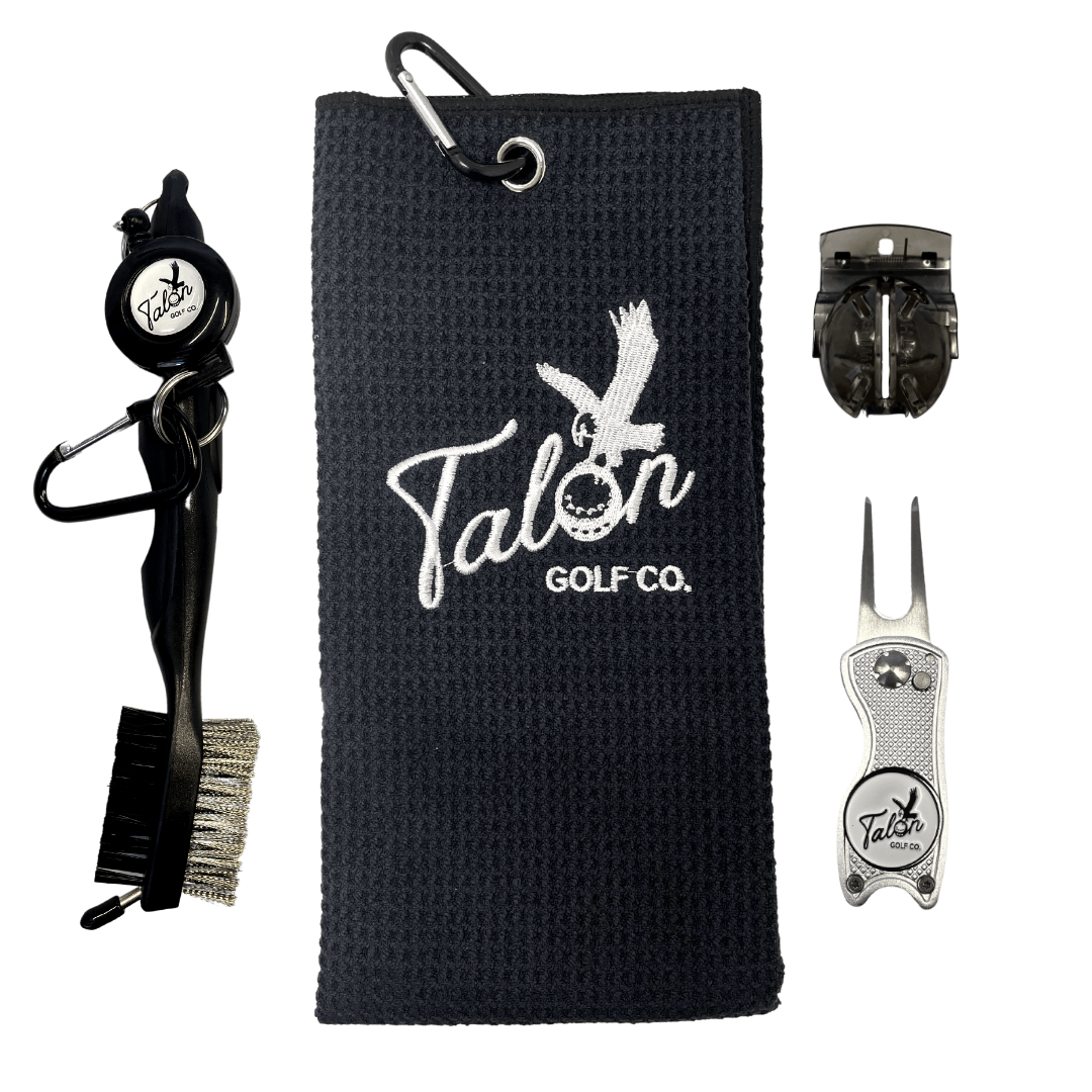 Golf Bag Accessory Pack featuring golf towel, divot tool, ball marker, club cleaning brush, and drawstring bag.