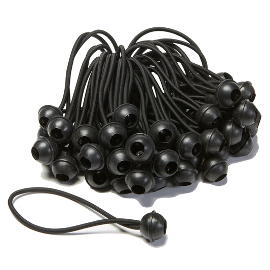 Black Ball Bungees bundle showcasing heavy-duty elastic cords with ball-end design for golf simulator enclosure security.