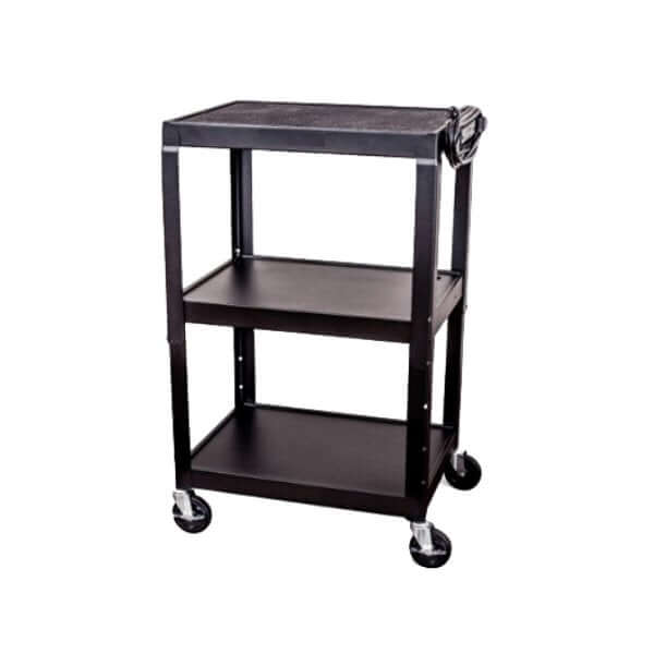 Steel Adjustable Height AV Cart showcasing a sturdy design with two shelves and wheels for easy mobility.