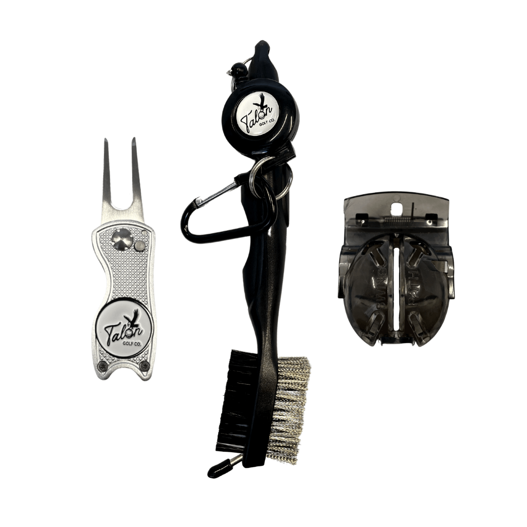 Golf Bag Accessory Pack featuring divot tool, retractable club brush, and club cleaning tool.