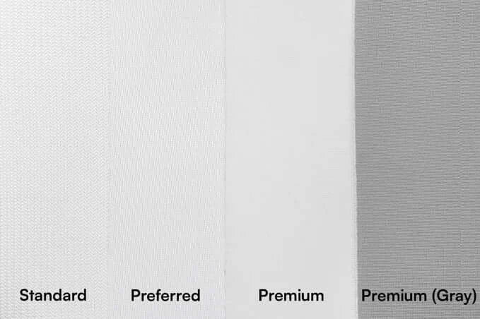 Color comparison of Standard, Preferred, Premium, and Premium (Gray) screen materials for golf enclosures.