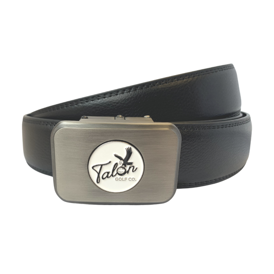 Black Eagle Leather Belt with Magnetic Ball Marker - Premium style with functional magnetic ball marker for golfers.