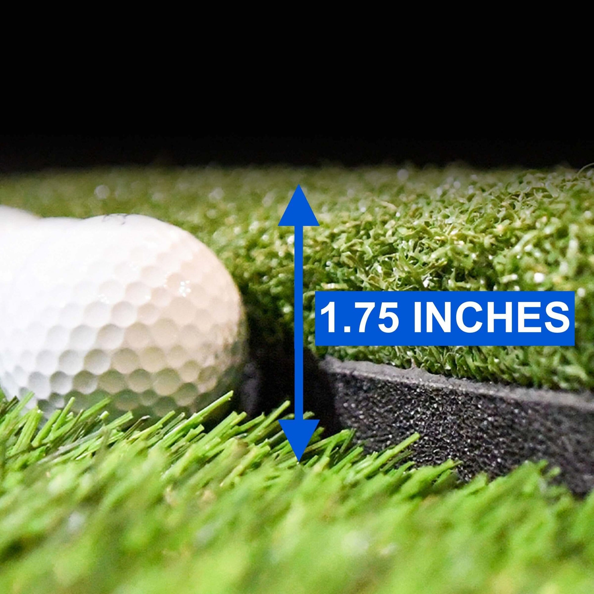Carl's Place HotShot Golf Hitting Mat detail showing height of 1.75 inches with a golf ball on realistic turf surface.