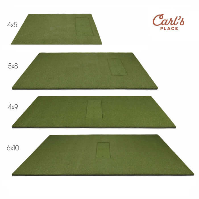 Carl's Place HotShot Golf Hitting Mat sizes 4x5, 5x8, 4x9, 6x10 for golf practice surfaces.