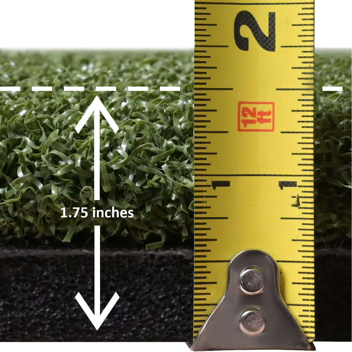 Measurement of Carl's Place HotShot Golf Hitting Mat thickness, showcasing 1.75 inches of premium turf surface.