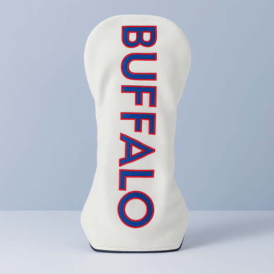 Buffalo Driver Cover - Stylish white headcover with bold red and blue BUFFALO embroidery for golf fans.