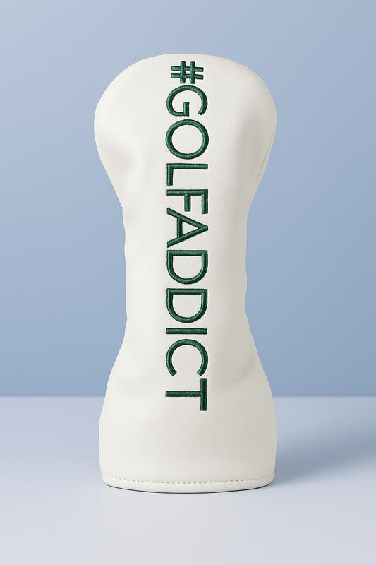 #GOLFADDICT Club Cover displayed on a light blue background showcasing its bold design and premium leather.