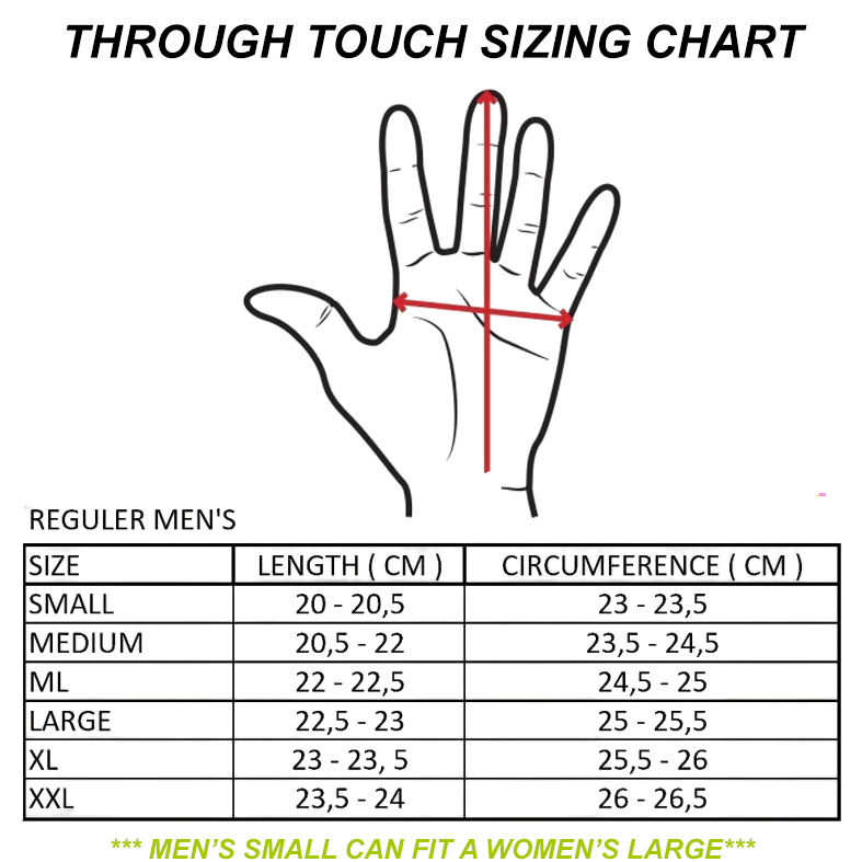 Through Touch Golf Glove in White and Green sizing chart with measurements for various sizes.