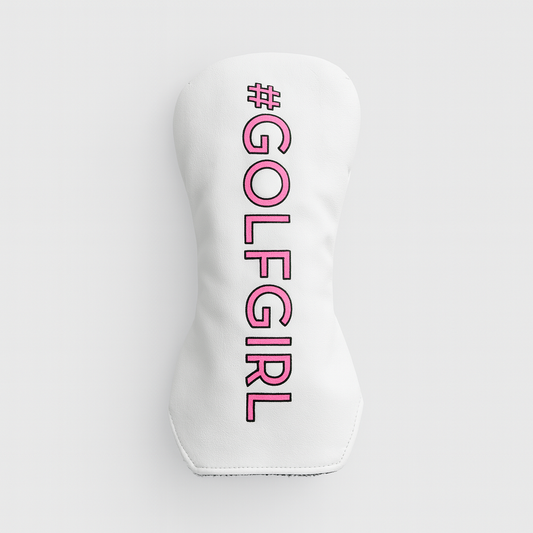 #GOLFGIRL Club Cover featuring a sleek white design with bold pink lettering, ideal for protecting golf clubs.