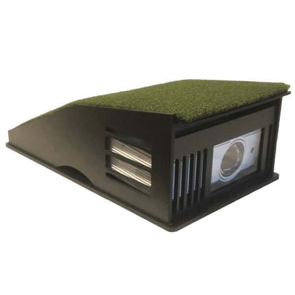 Golf Simulator Projector Floor Mount Enclosure, designed for short throw projectors, featuring a sleek black design with grass-like surface.