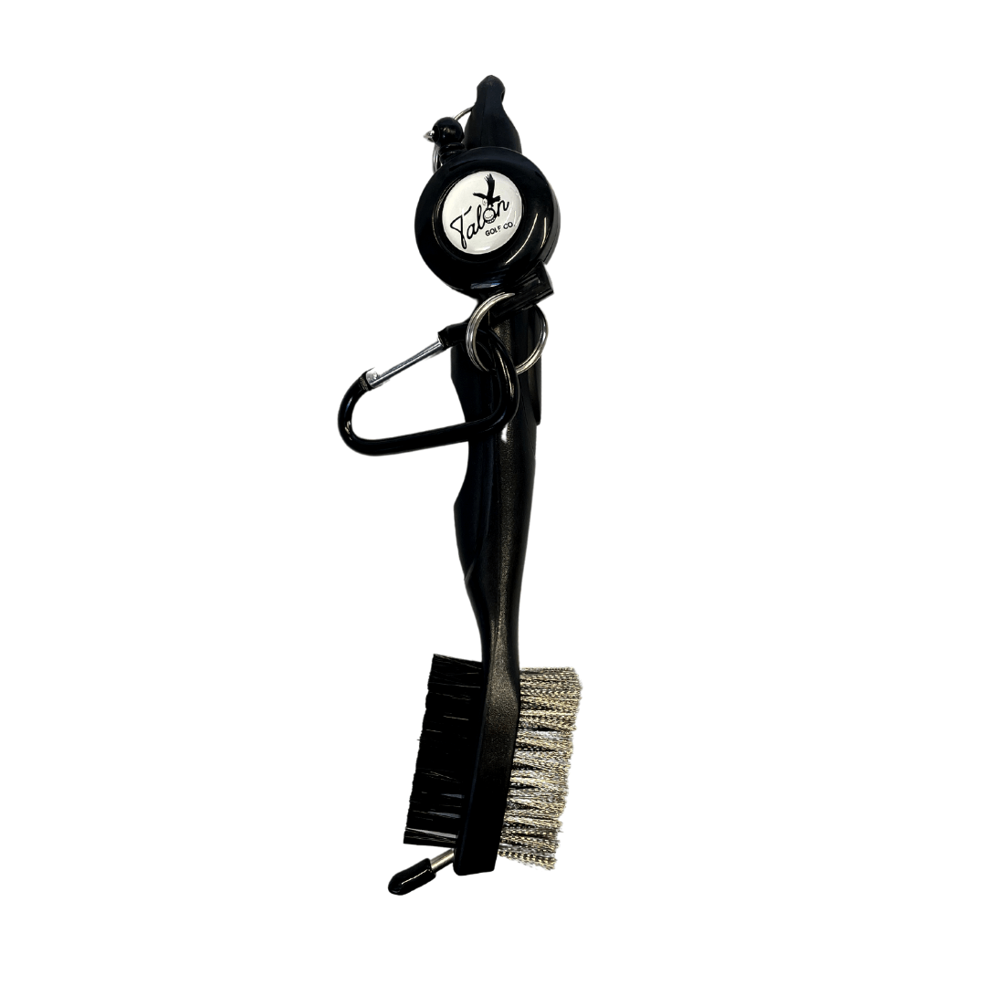 Golf Bag Accessory Pack Retractable Club Cleaning Brush with clip for easy attachment.