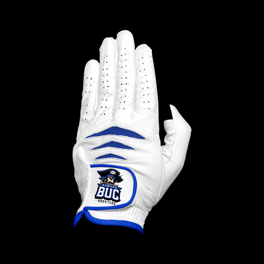 Custom Through Touch Glove showing a white glove with blue accents and a pirate logo.