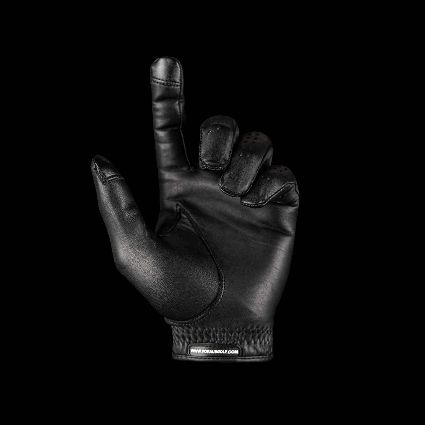 Through Touch Golf Glove in White and Green - Smartphone Ready, black glove with a finger raised