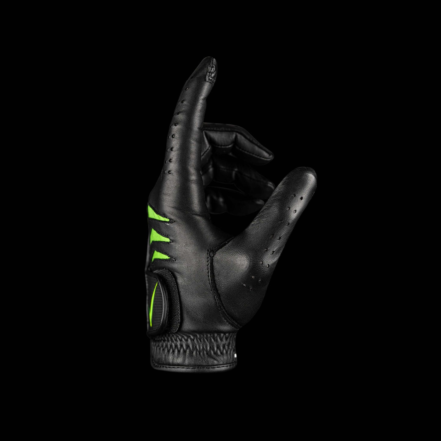 Through Touch Golf Glove in White and Green - Smartphone Ready, shown in a black glove design with green accents.
