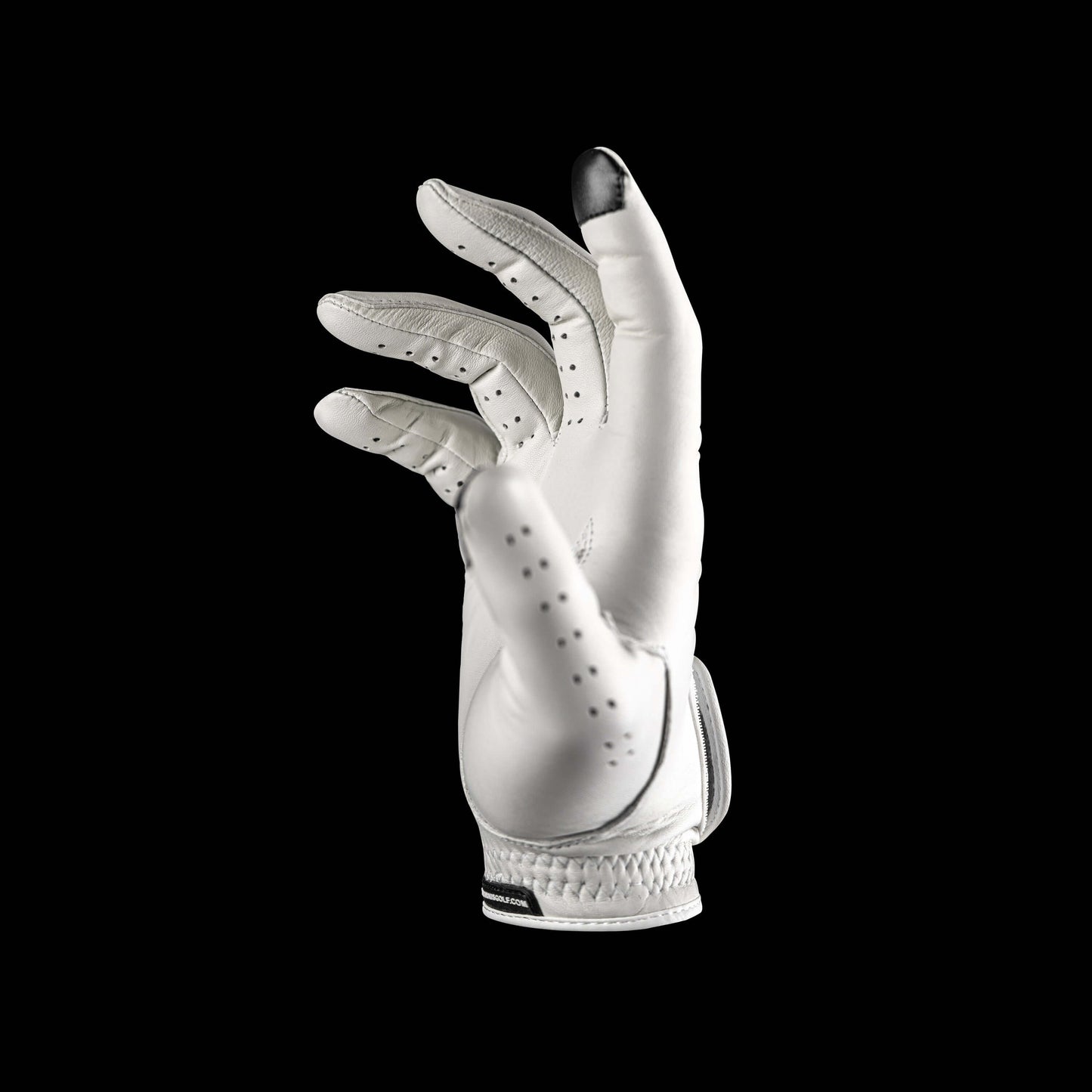 Through Touch Golf Glove in White and Green shown from the side, designed for smartphone use.