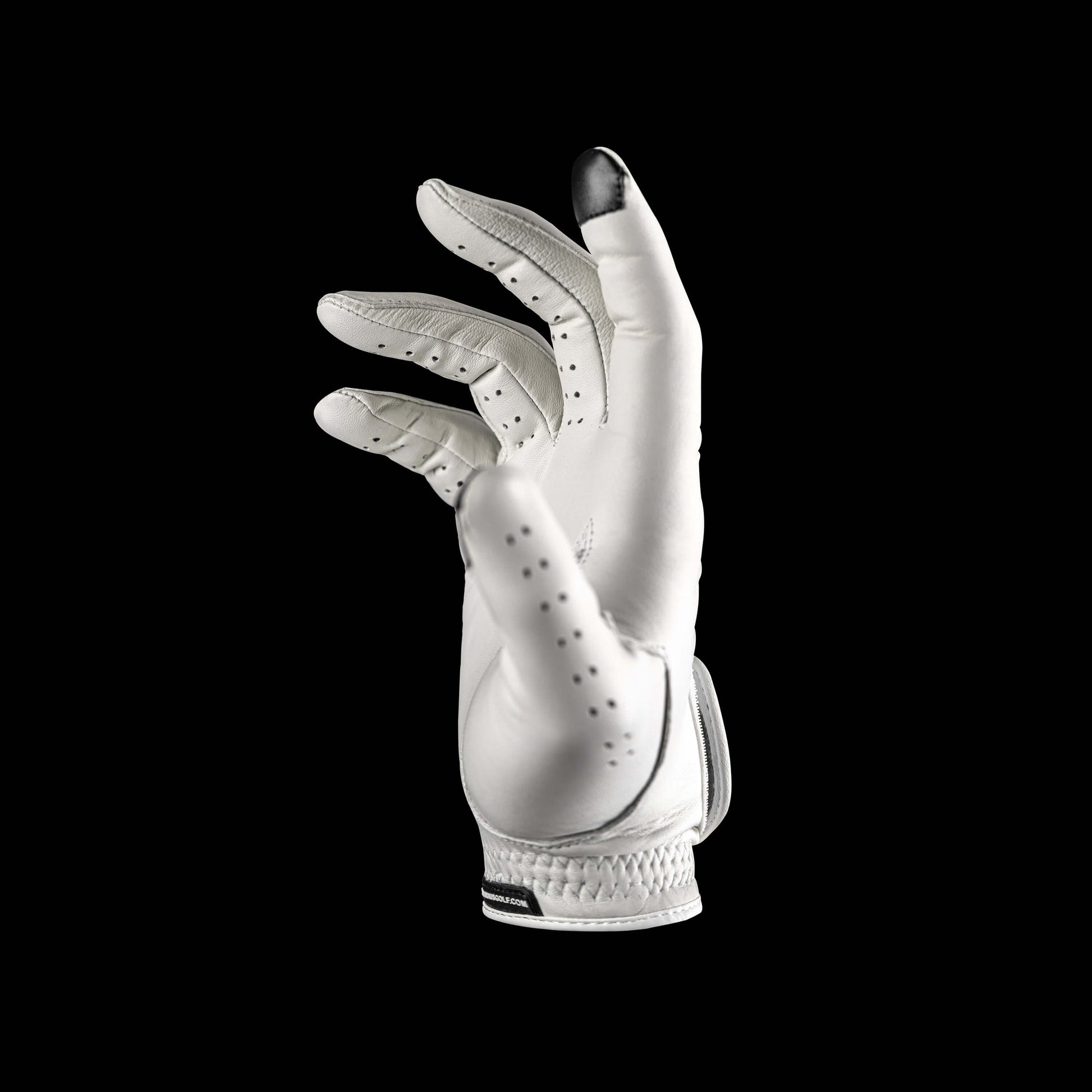Through Touch Golf Glove in White and Green shown from the side, designed for smartphone use.