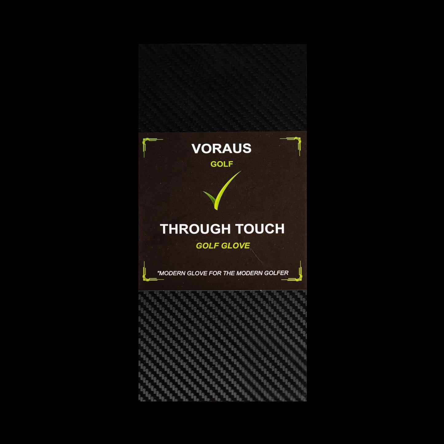 Through Touch Golf Glove in White and Green packaging with modern golf branding and tagline.