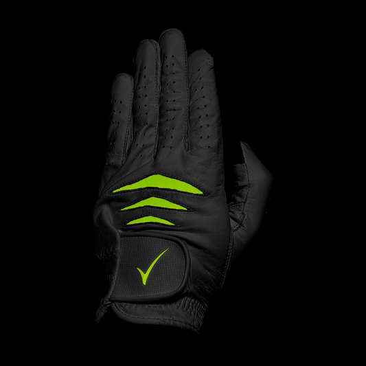 Through Touch Golf Glove in White and Green - Smartphone Ready, featuring a sleek black design with vibrant green accents.