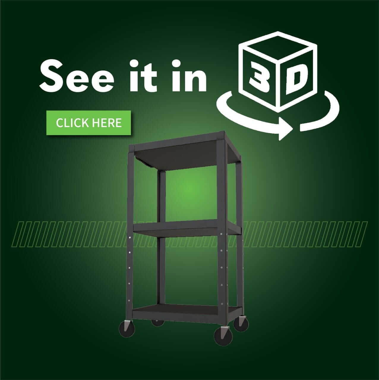 Steel Adjustable Height AV Cart in 3D view, showcasing its sturdy design and adjustable shelves.