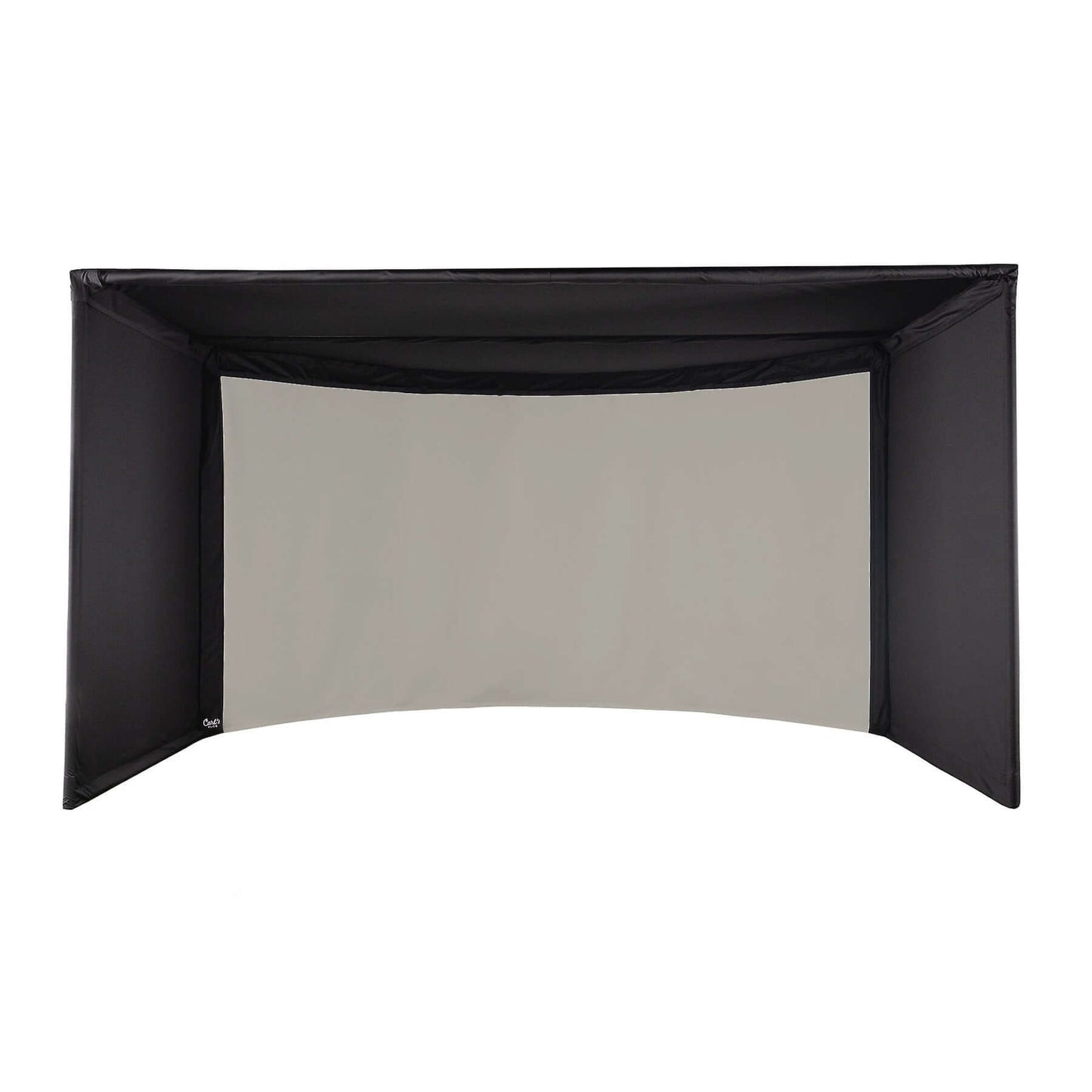 Carl's Place Curved Golf Enclosure Kit with High-Contrast Gray Impact Screen setup showing the curved design and gray screen.