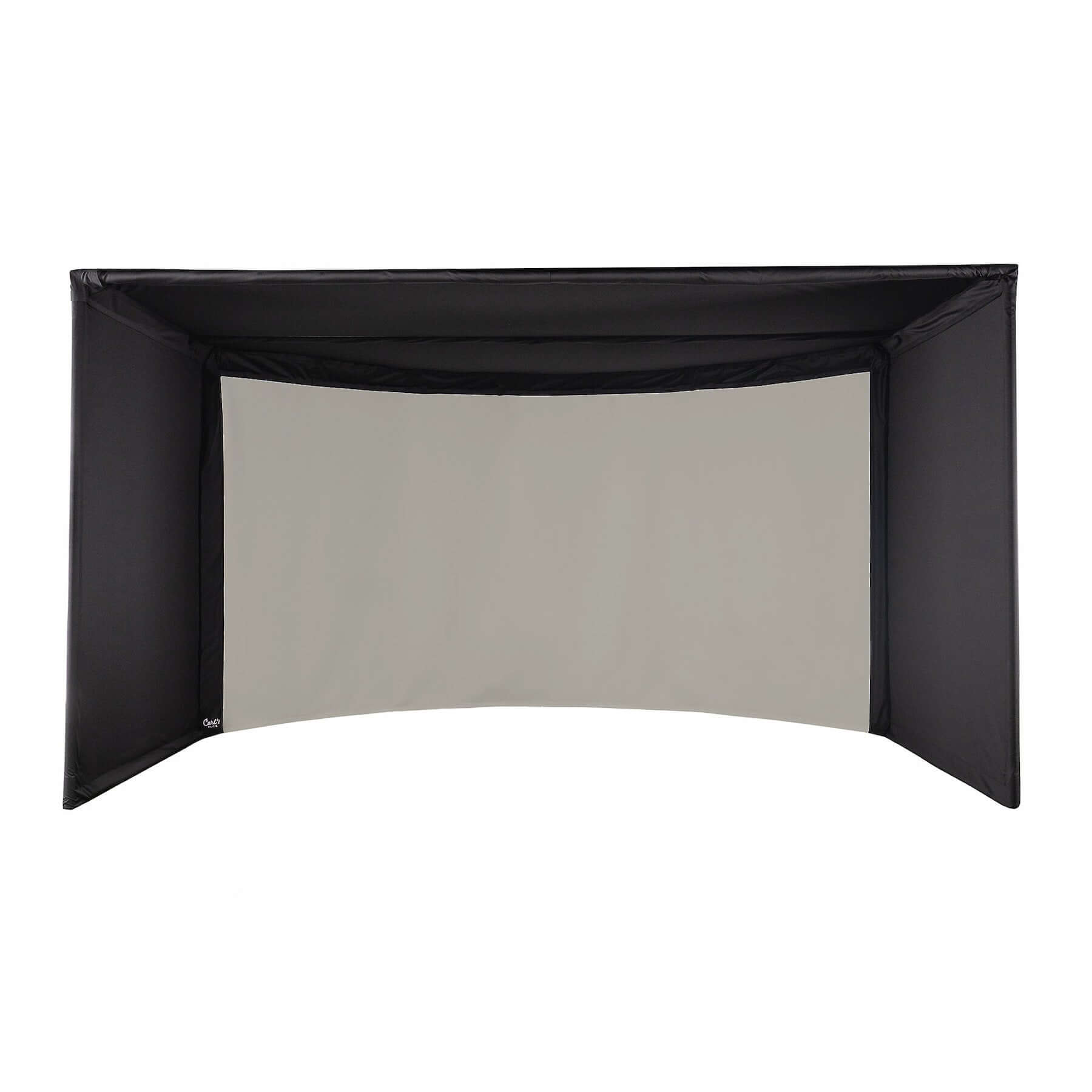 Carl's Place Curved Golf Enclosure Kit with High-Contrast Gray Impact Screen setup showing the curved design and gray screen.
