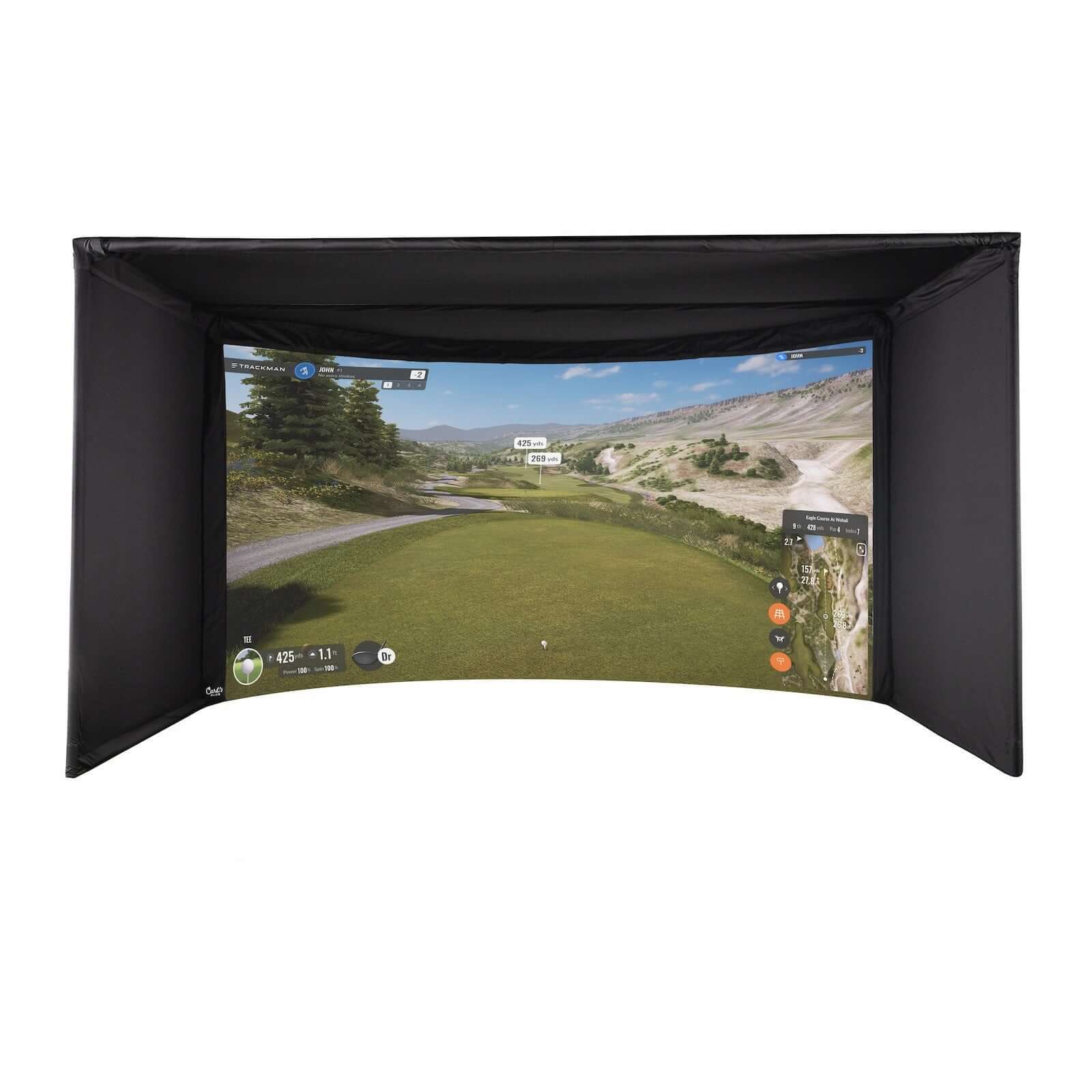 Carl's Place Curved Golf Enclosure Kit with Premium Impact Screen displayed in a professional golf simulator setup.