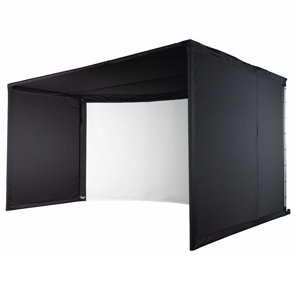 Carl's Place Curved Golf Enclosure Kit with Premium Impact Screen showing the black enclosure design.