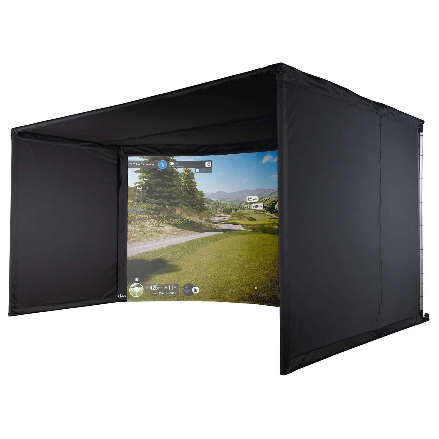 Carl's Place Curved Golf Enclosure Kit with High-Contrast Gray Impact Screen shown from the front with golf simulator display.