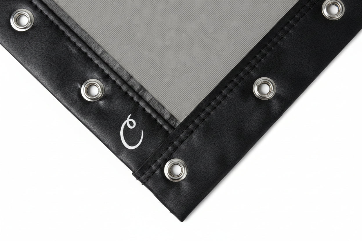 Carl's Place Gray Impact Screen Finished Edges With Loop close-up showing loop attachment and finished edges.