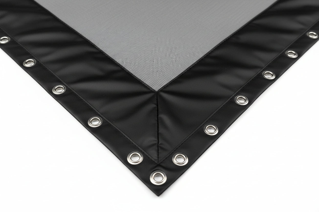 Carl's Place Gray Impact Screen Finished Edges With Flaps corner detail showing finished edges and flap attachment system.