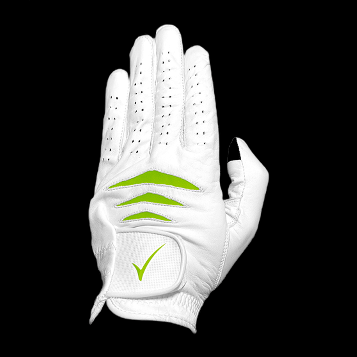 Through Touch Golf Glove in White and Green - Smartphone Ready, featuring perforated design and green accents.