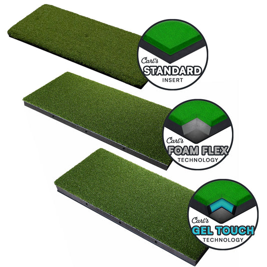 Carl's HotShot Foam Divot Strip with Standard, Foam Flex, and Gel Touch technology inserts for golf mats.