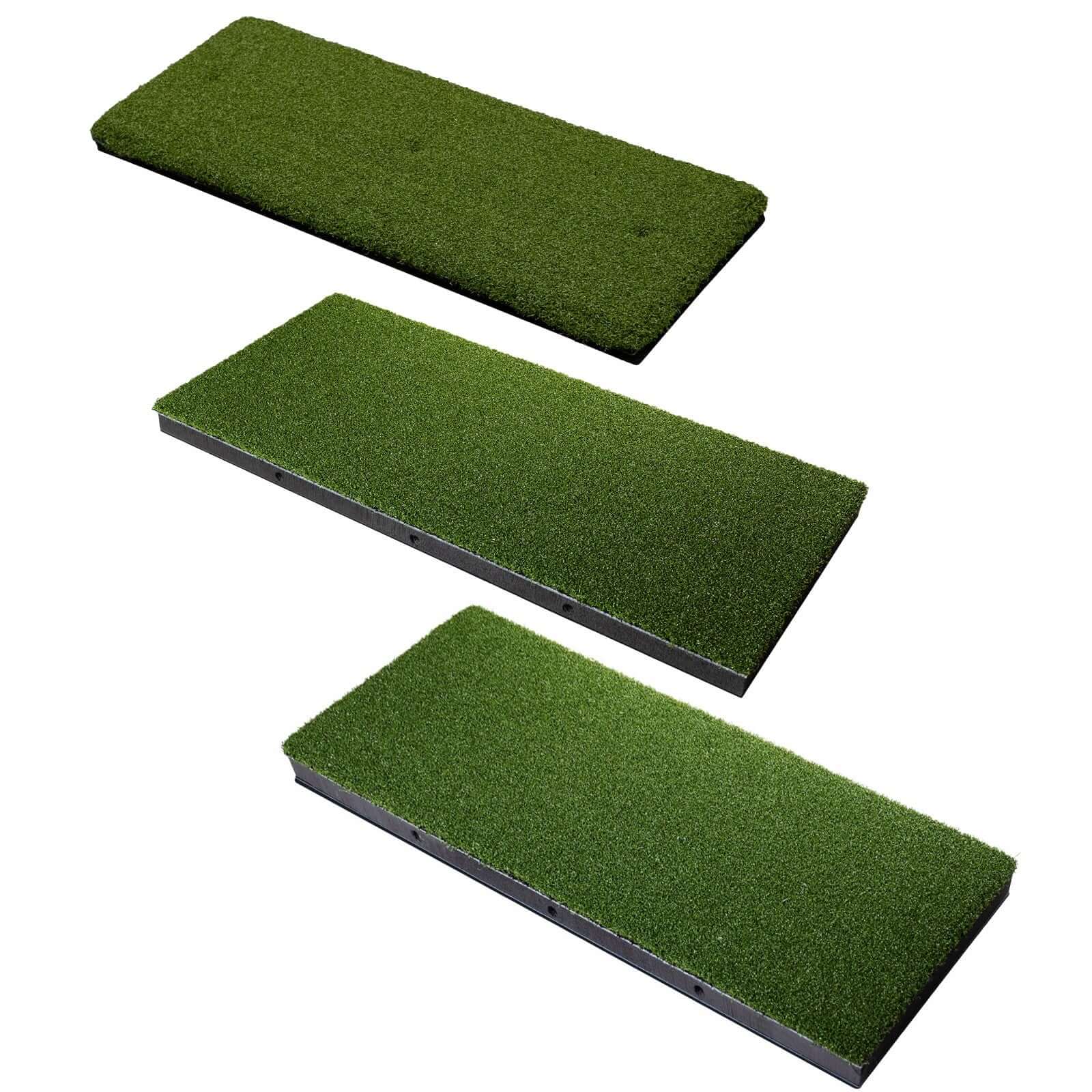 Carl's HotShot Foam Divot Strip - three green golf mat replacement inserts on a white background.