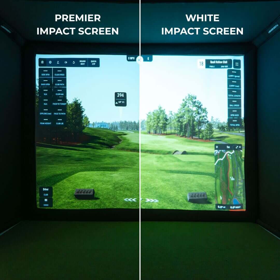 Image comparing SIGPRO Premier Golf Simulator Impact Screen and White Impact Screen with golf course visuals.