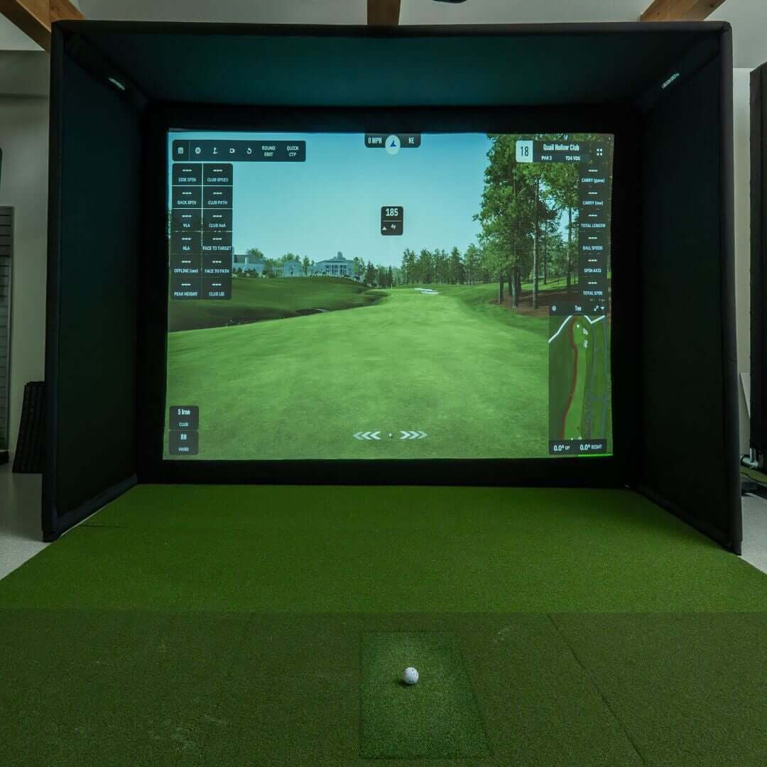 SIGPRO Premier Golf Simulator Impact Screen displaying a golf course simulation with detailed stats and graphics.