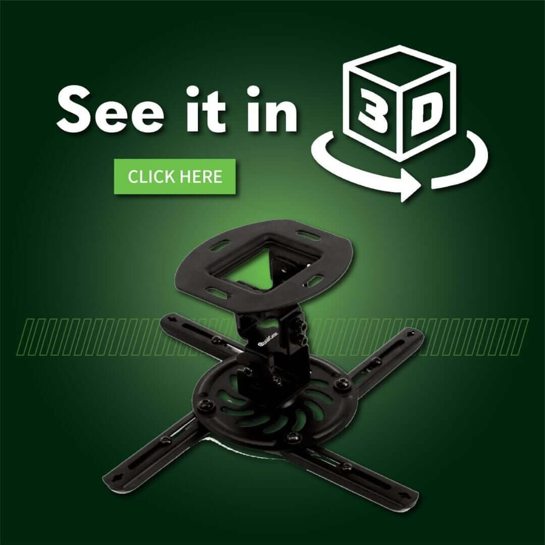 Universal Projector Ceiling Mount showcased with a prompt to see it in 3D.