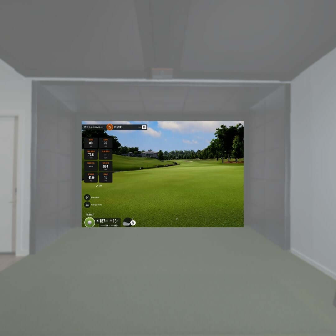 SIGPRO Premier Golf Simulator Impact Screen displaying realistic golf course simulation in a home setting.